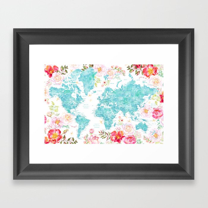 Floral watercolor world map in aquamarine blue Framed Art Print