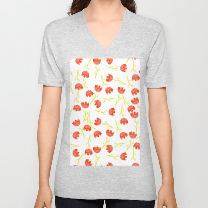 Trendy Hand Painted Yellow Pink Red Watercolor Tulips Floral  V Neck T Shirt