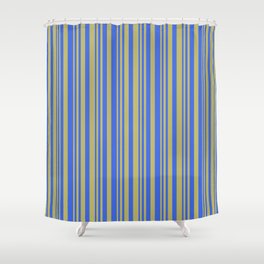 [ Thumbnail: Dark Khaki & Royal Blue Colored Striped Pattern Shower Curtain ]