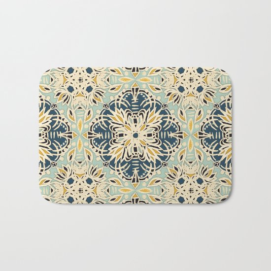 Protea Pattern in Deep Teal, Cream, Sage Green & Yellow Ochre Bath Mat