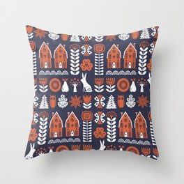 Scandinavian folk art seamless vintage pattern with orange and white flowers, trees, rabbit, owl, houses with decorative elements and rural scenery in simple style Throw Pillow