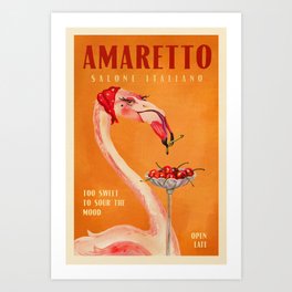 Vintage Art Deco Amaretto Poster. Cherry Flamingo Bar & Kitchen Art Art Print