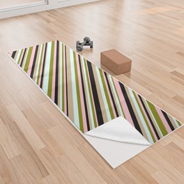 [ Thumbnail: Green, Light Cyan, Tan, Black, and Pink Colored Stripes Pattern Yoga Towel ]