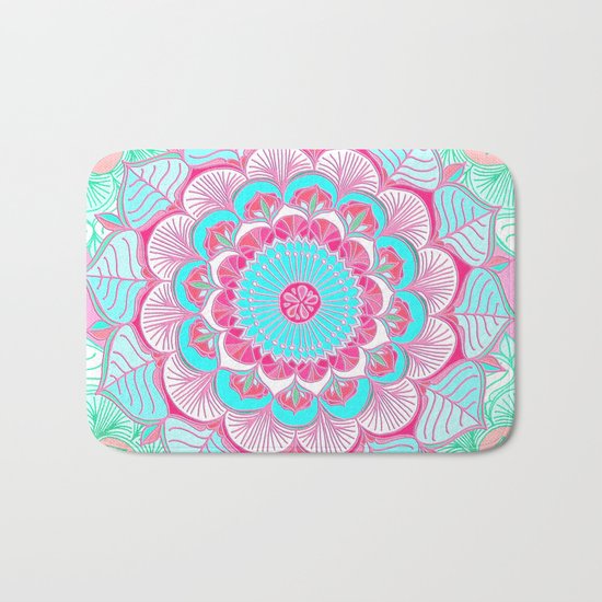 Tropical Bloom - floral doodle in pink, mint, peach, aqua, white Bath Mat