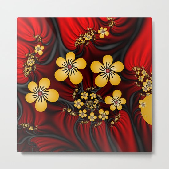 Yellow Fantasy Flowers On Red And Black Metal Print
