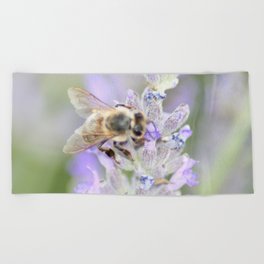 Honey Bee Close Up On Lavendar Nature Photography Beach Towel