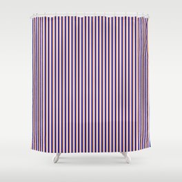 [ Thumbnail: Brown, Dark Blue & Lavender Colored Pattern of Stripes Shower Curtain ]