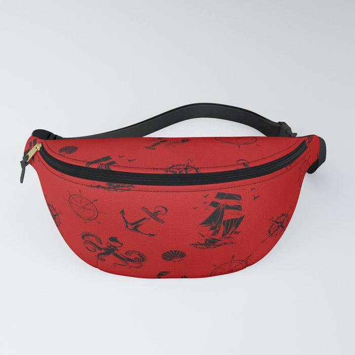 Red And Black Silhouettes Of Vintage Nautical Pattern Fanny Pack