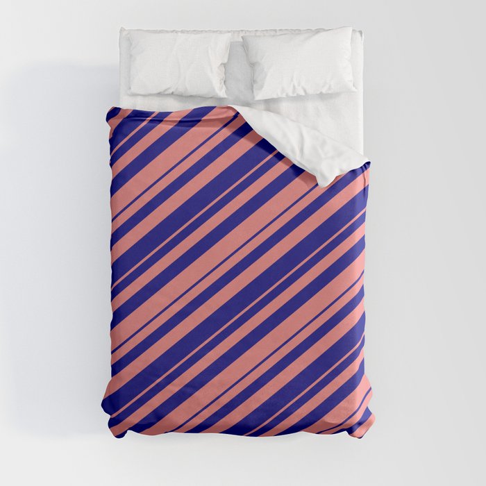 Blue and Light Coral Colored Lined Pattern Duvet Cover