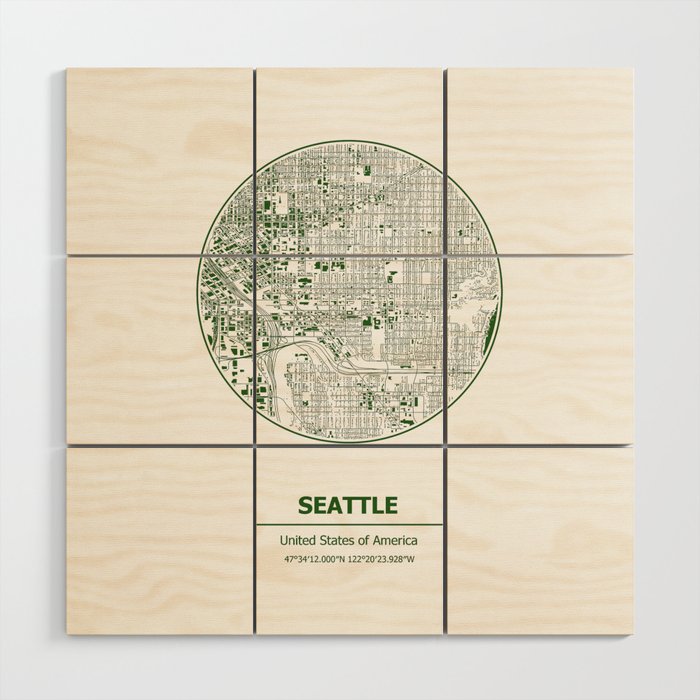 Seattle city map coordinates Wood Wall Art