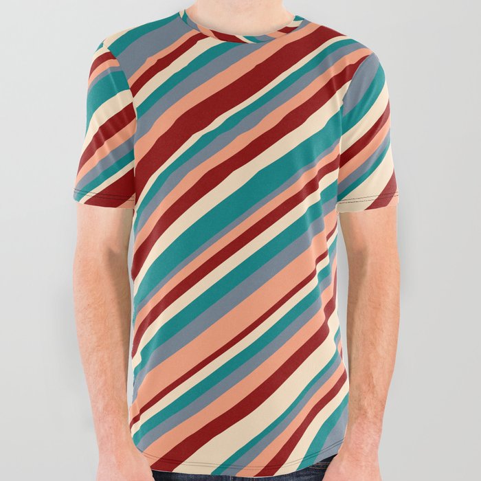 Eye-catching Bisque, Teal, Slate Gray, Light Salmon & Dark Red Colored Stripes Pattern All Over Graphic Tee