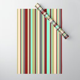 [ Thumbnail: Aquamarine, Dark Khaki, Bisque, Dim Gray & Dark Red Colored Striped/Lined Pattern Wrapping Paper ]