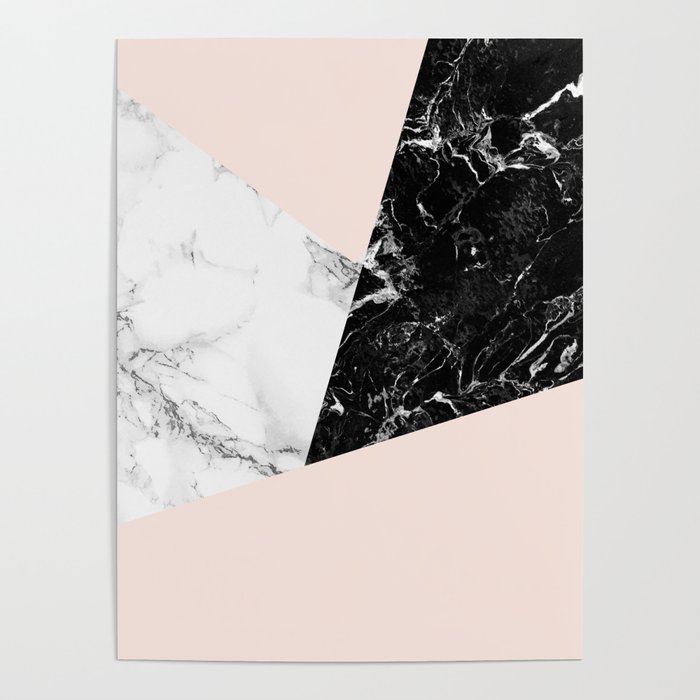 Black white marble blush pink color block Poster