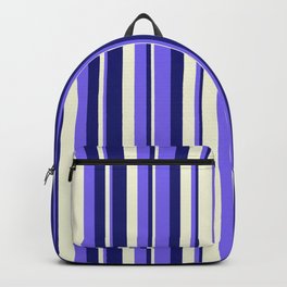 [ Thumbnail: Beige, Medium Slate Blue & Midnight Blue Colored Lined Pattern Backpack ]