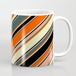 [ Thumbnail: Vibrant Dark Salmon, Dark Slate Gray, Red, Pale Goldenrod, and Black Colored Lines/Stripes Pattern Coffee Mug ]