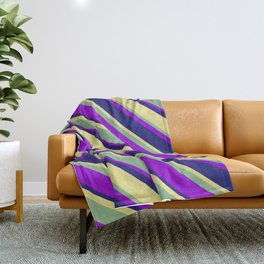 [ Thumbnail: Dark Sea Green, Dark Violet, Midnight Blue, and Tan Colored Lines Pattern Throw Blanket ]