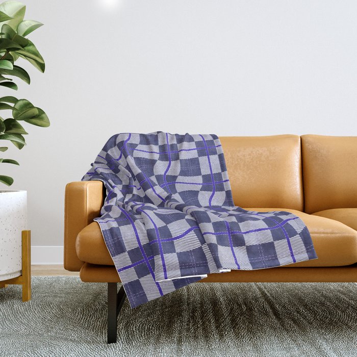 Warped Checkerboard Grid Illustration Navy Blue Lilac Purple Throw Blanket