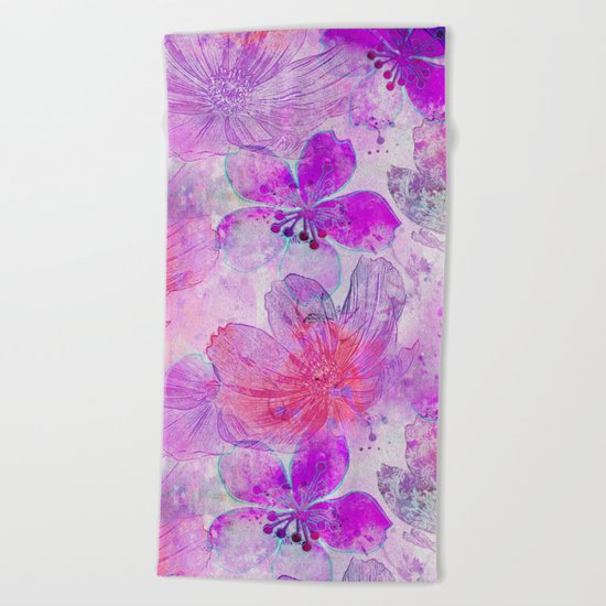 Pink Purple Watercolor Painted Flower Mix Beach Towel