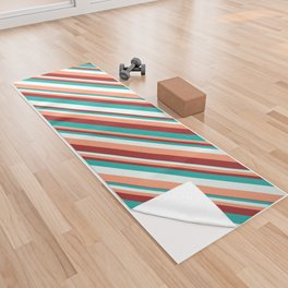 [ Thumbnail: Light Sea Green, Mint Cream, Light Salmon, and Brown Colored Striped Pattern Yoga Towel ]