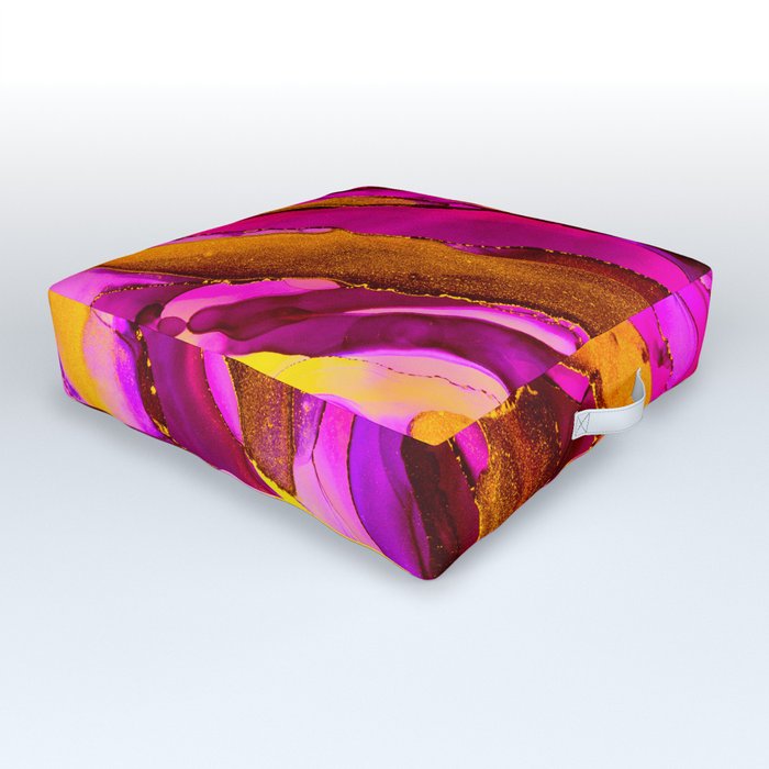 Fuscia and Gold Alcohol Ink Painting Outdoor Floor Cushion
