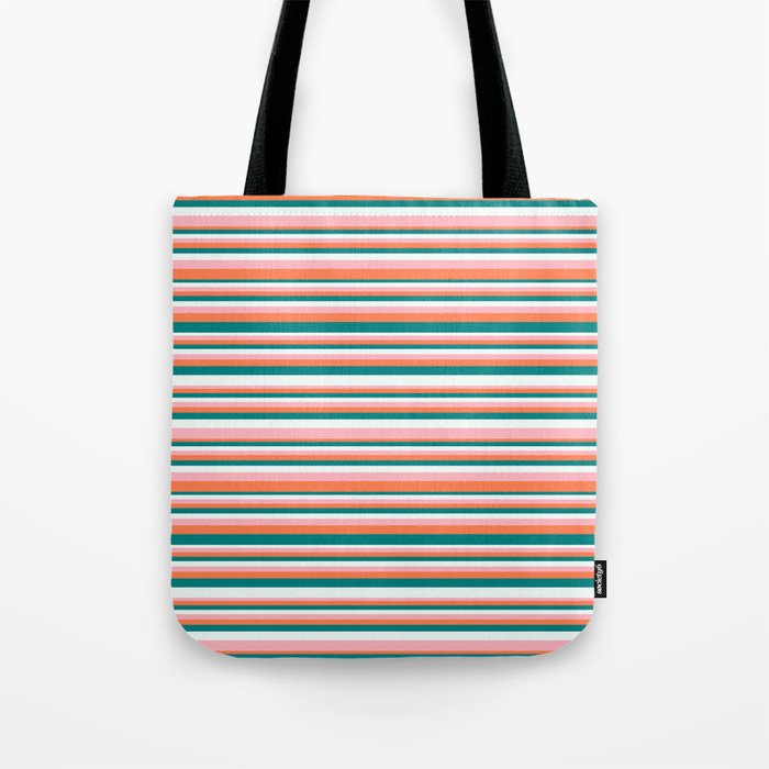 Teal, Mint Cream, Light Pink, and Coral Colored Lines/Stripes Pattern Tote Bag