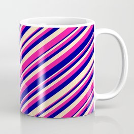 [ Thumbnail: Deep Pink, Dark Blue & Beige Colored Lined Pattern Coffee Mug ]