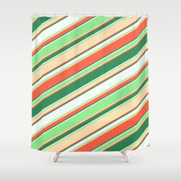 [ Thumbnail: Colorful Red, Sea Green, Mint Cream, Light Green & Beige Colored Lined/Striped Pattern Shower Curtain ]