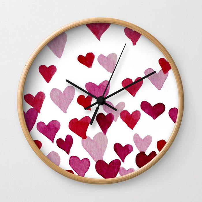 Valentine's Day Watercolor Hearts - pink Wall Clock