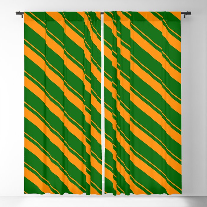 Dark Orange & Dark Green Colored Lines Pattern Blackout Curtain