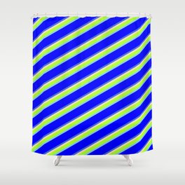 [ Thumbnail: Beige, Light Green, Sky Blue, Blue & Royal Blue Colored Pattern of Stripes Shower Curtain ]