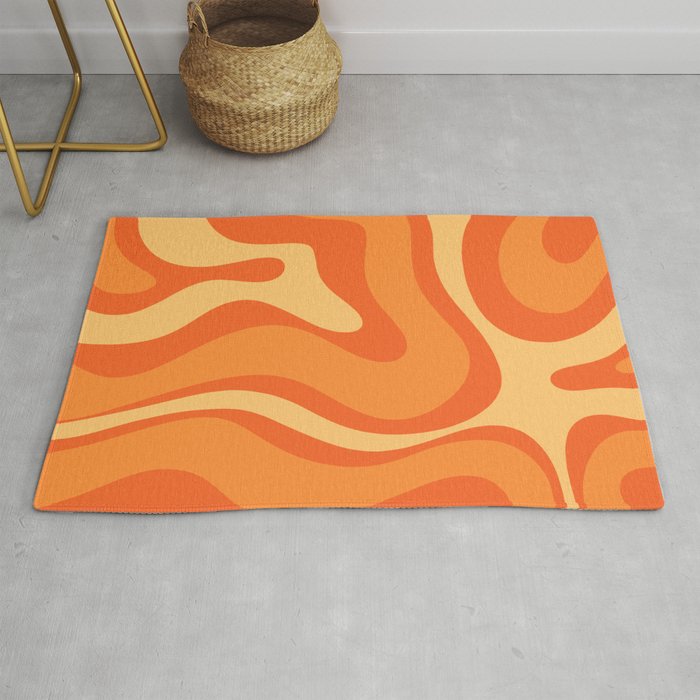 Retro Modern Liquid Swirl Abstract Pattern Square in Orange Tangerine and Yellow Tones Rug