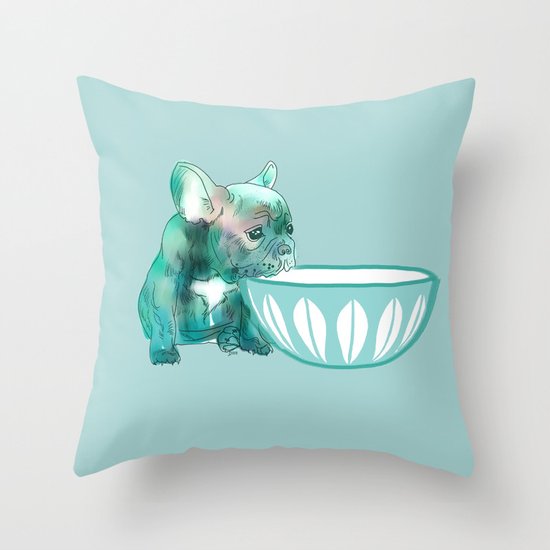 Dog with bowl #1 Blue Throw Pillow