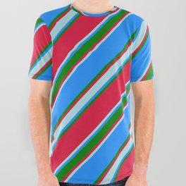 [ Thumbnail: Crimson, Powder Blue, Blue & Green Colored Pattern of Stripes All Over Graphic Tee ]