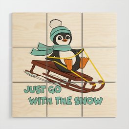 Go With The Snow Sledding Penguin Cute Animals Winter Wood Wall Art