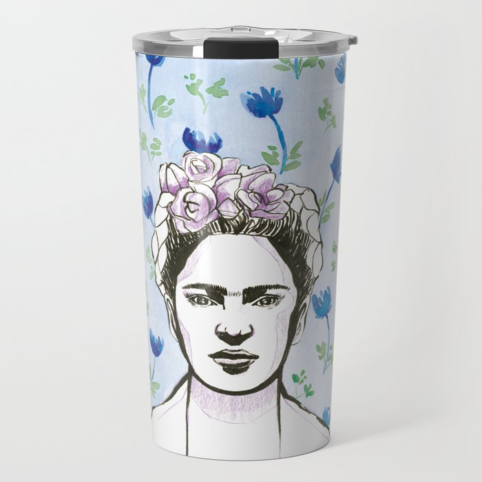 Frida Kahlo portrait  Floral watercolor blue green purple Travel Mug