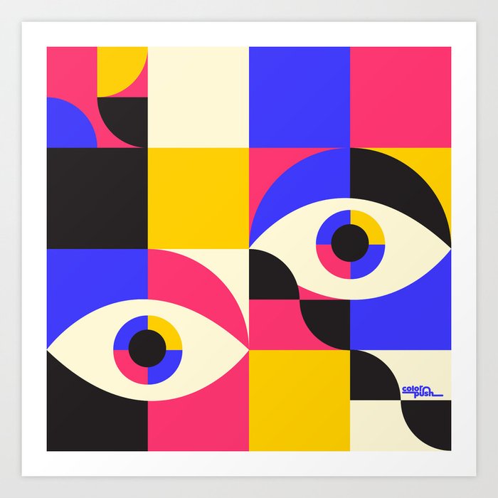 Geometric 80s Eyes Colorful Grid Pattern Art Print