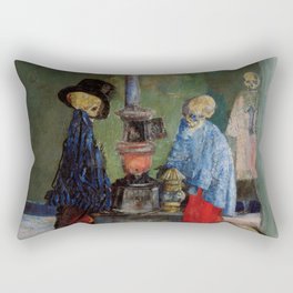 Skeletons warming themselves by old potbelly stove in abandoned factory grotesque art portrait painting by James Ensor Rectangular Pillow