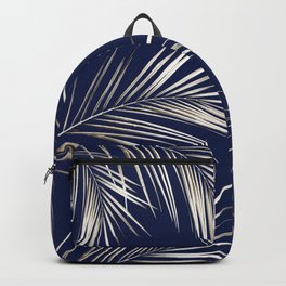 White Gold Palm Leaves on Navy Blue Backpack