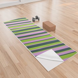 [ Thumbnail: Plum, Dark Slate Gray, and Green Colored Lines Pattern Yoga Towel ]