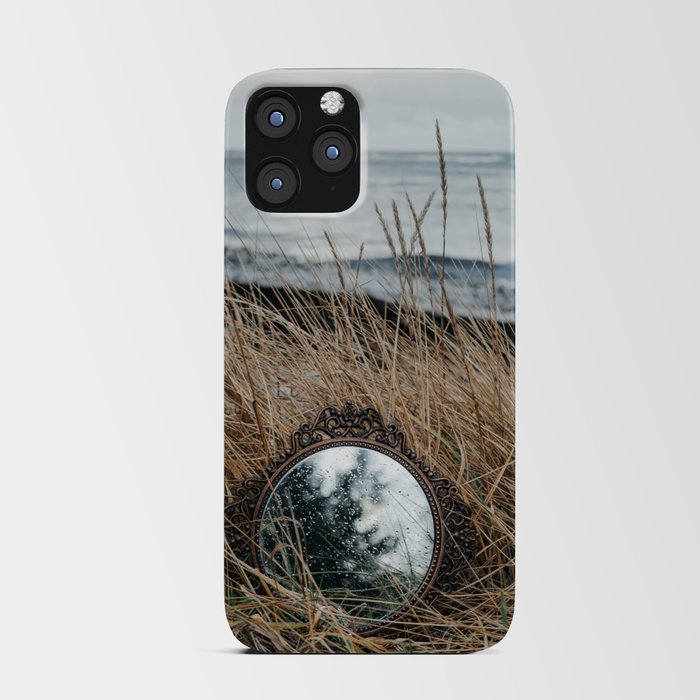 Vintage mirror on seaside reflects forest and sky. iPhone Card Case