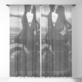 The motorcyclists; lovers at sunset on vintage motorcycle coastal beach romantic portrait black and white photograph - photography - photographs by Yuliya Kirayonak Sheer Curtain