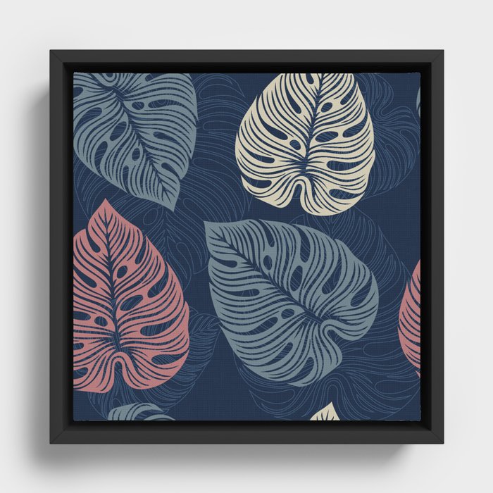 Navy Blue Monstera Leaves Pattern Framed Canvas