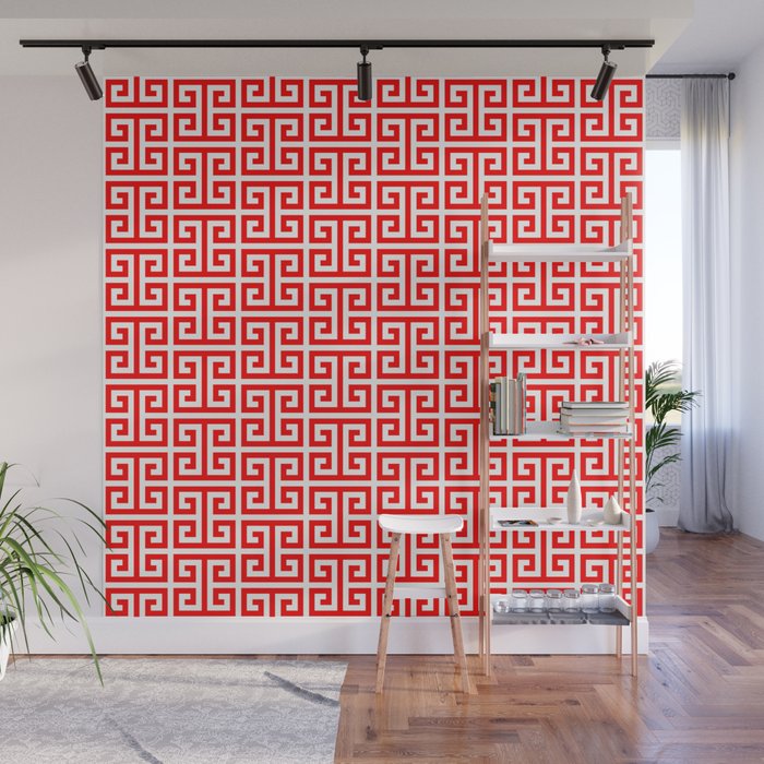 Red and White Greek Key Pattern Wall Mural