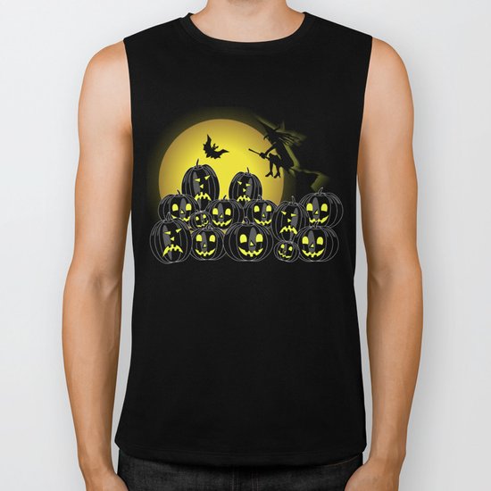 Pumpkins and witch in front of a full moon Biker Tank