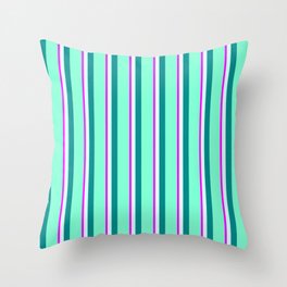 [ Thumbnail: Fuchsia, Light Cyan, Dark Cyan, and Aquamarine Colored Pattern of Stripes Throw Pillow ]