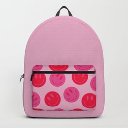 Large Bright Pink and Red Vsco Smiley Face - Preppy Aesthetic Backpack | Emoticon, Cheerful, Indie, 90S, Hippie, Eye Catching, Smile, Dorm, Happiness, Vibrant 