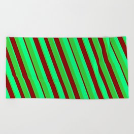 [ Thumbnail: Green, Lime Green & Dark Red Colored Stripes/Lines Pattern Beach Towel ]
