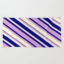 [ Thumbnail: Blue, Plum, and Light Yellow Colored Lines Pattern Beach Towel ]
