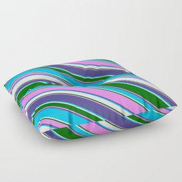 [ Thumbnail: Eyecatching Dark Slate Blue, Deep Sky Blue, White, Dark Green, and Violet Colored Pattern of Stripes Floor Pillow ]