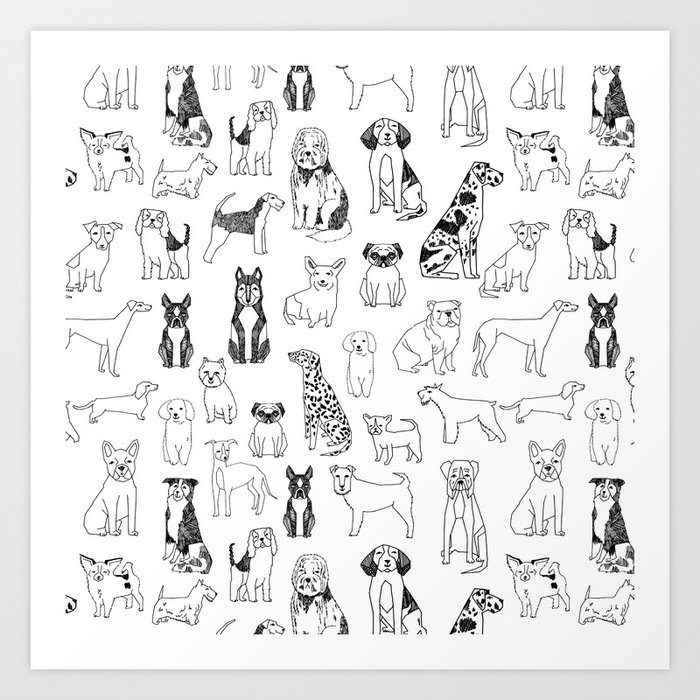 Dogs pattern minimal drawing dog breeds cute pattern gifts by andrea lauren Art Print